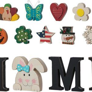 Interchangeable Home Table Signs with 13 Pcs Seasonal Icons,‎ Wooden  Home Sign